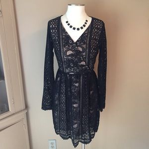Long sleeve black lace dress over nude lining-S