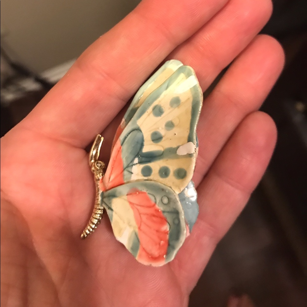 Vintage Ceramic and Gold-Tone Butterfly Brooch
