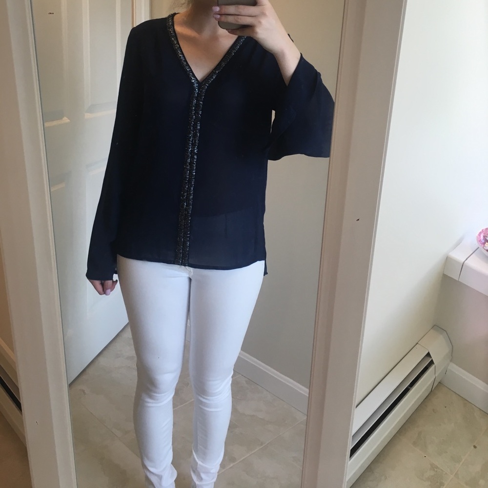 Francesca's navy beaded long sleeve chiffon top S