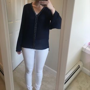 Francesca's navy beaded long sleeve chiffon top S