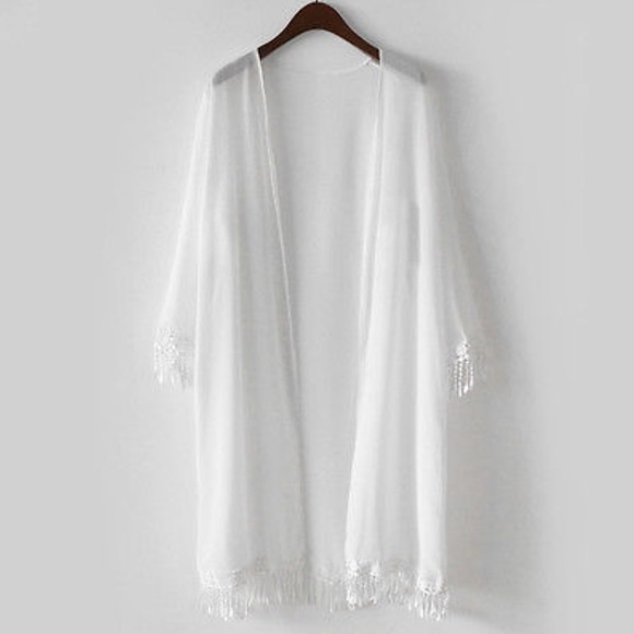 ⚜"Isla" White Chiffon Kimono With Tassel Detail ⚜ - Picture 2 of 4
