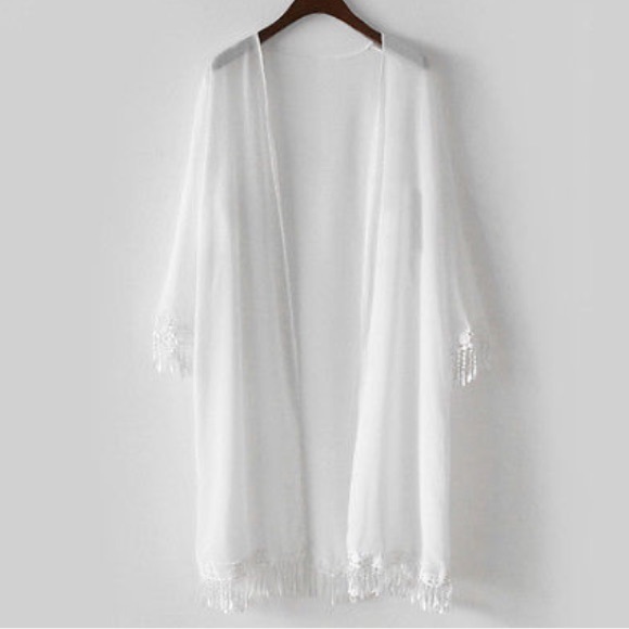 ⚜"Isla" White Chiffon Kimono With Tassel Detail ⚜ - Picture 3 of 4