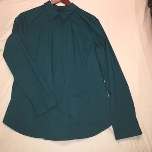 Teal button-down, long-sleeved blouse