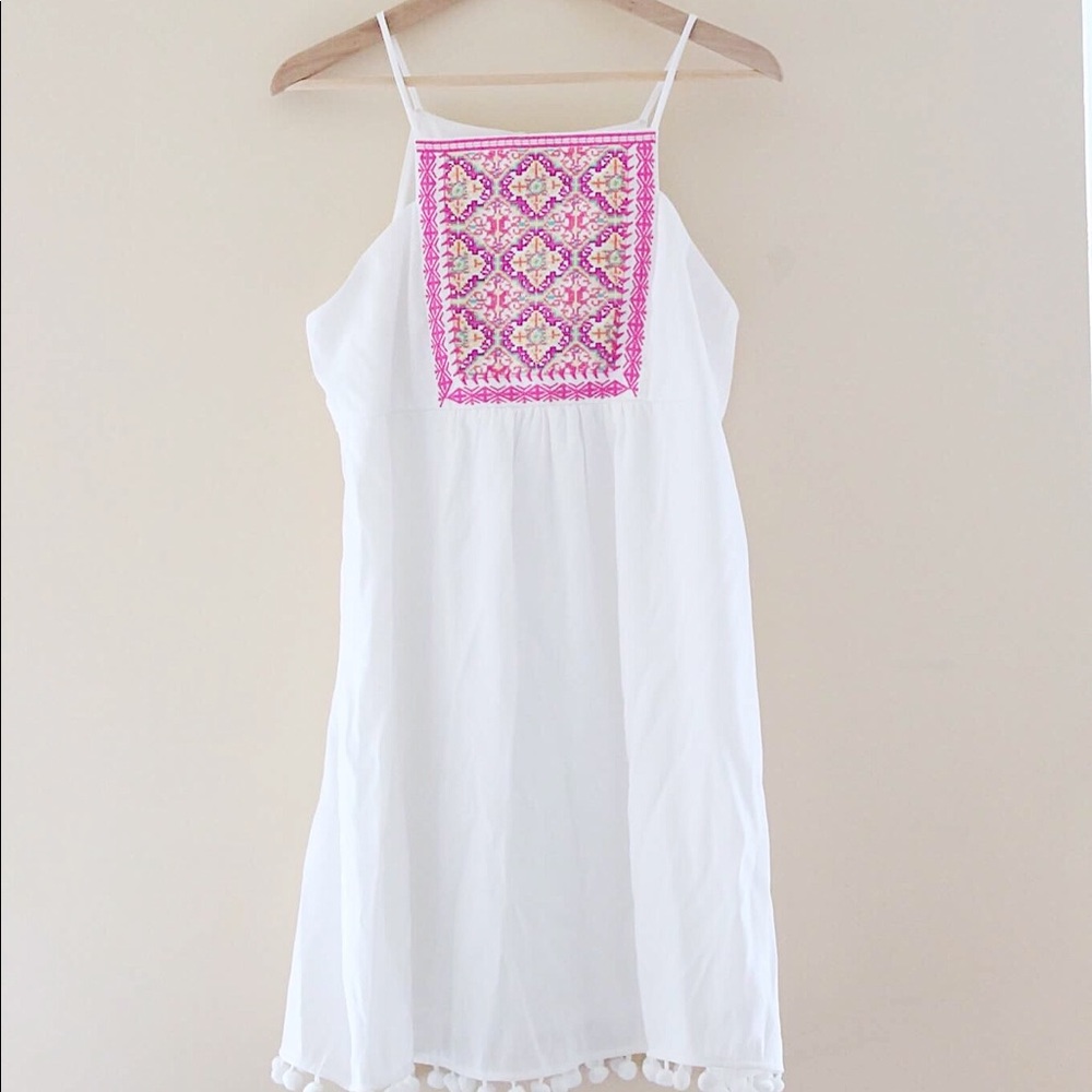 Francesca's White & Embroidered Dress w Pom Poms