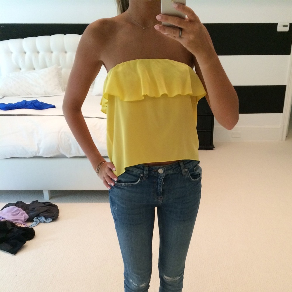 Yellow ruffle strapless silk top
