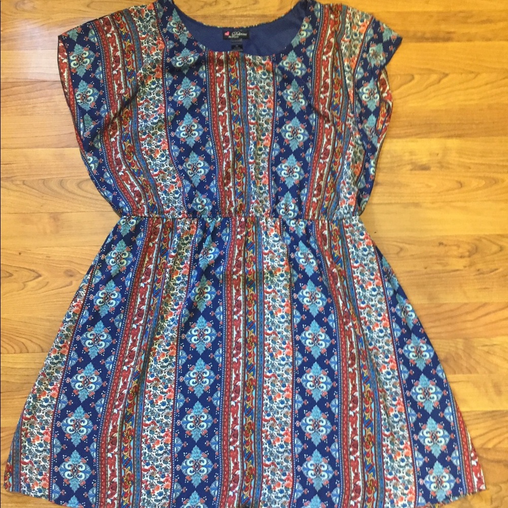 Colorful patterned A line dress.
