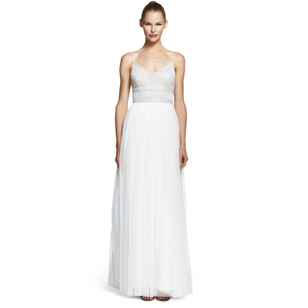 White sleeveless beaded tulle gown