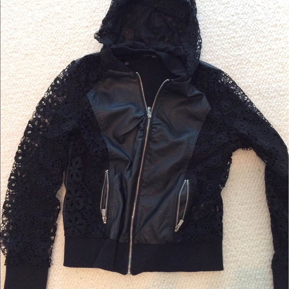 Cool leather jacket with lace sleeves and hood