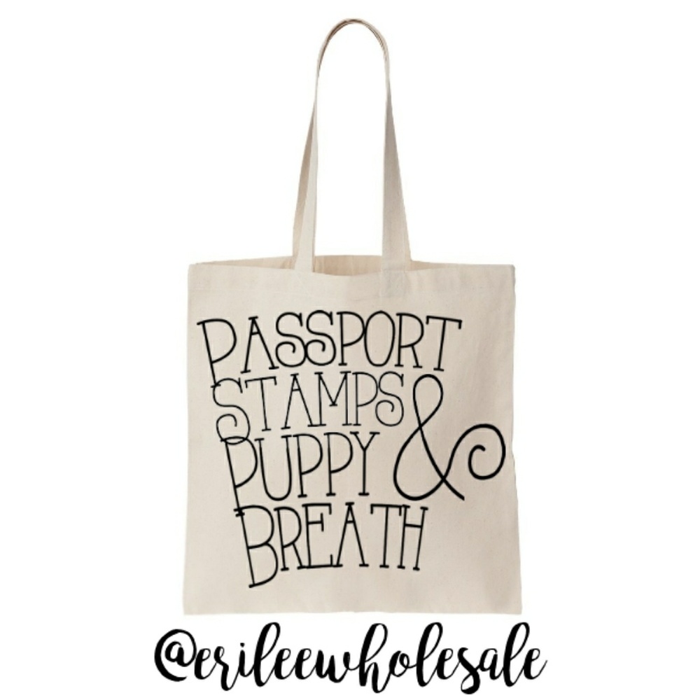 • Wholesale • Passport Stamps & Puppy Breath Totes