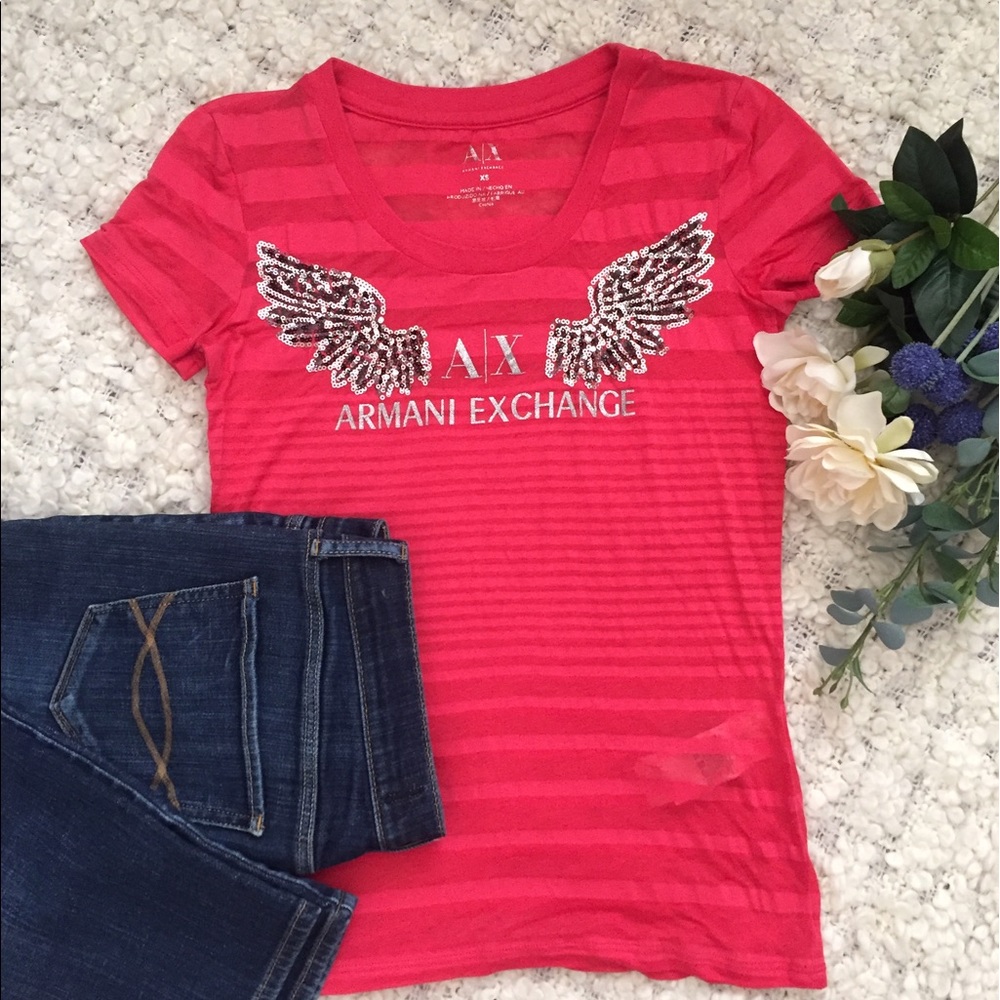 Armani Exchange tee,with silver sequin wings.