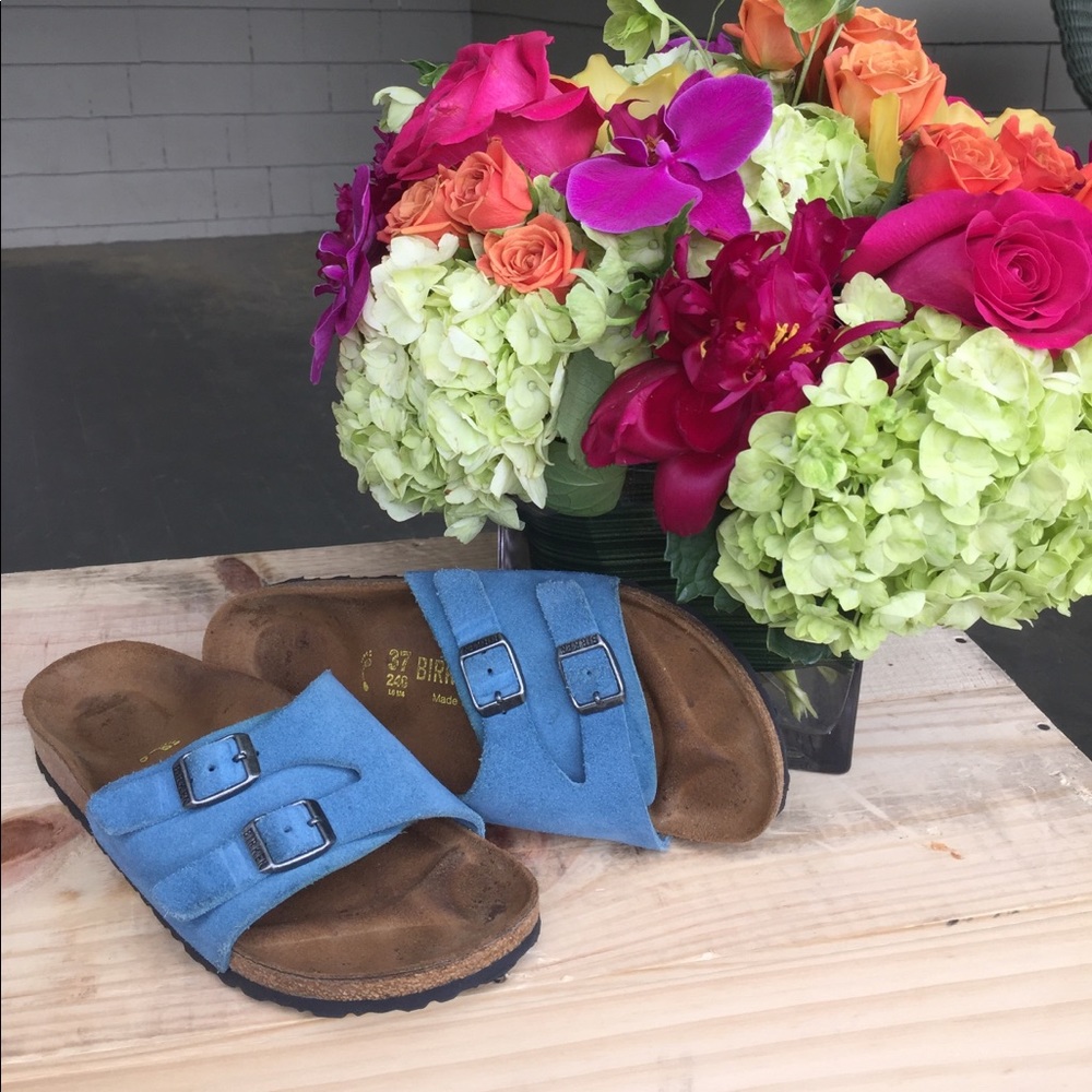 Blue suede Birkenstock sandals