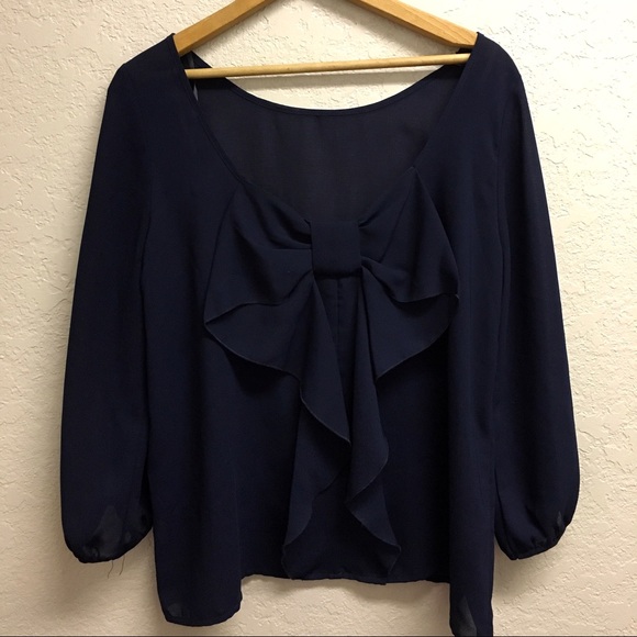 Navy Blue Bow in Back Blouse - Picture 2 of 3