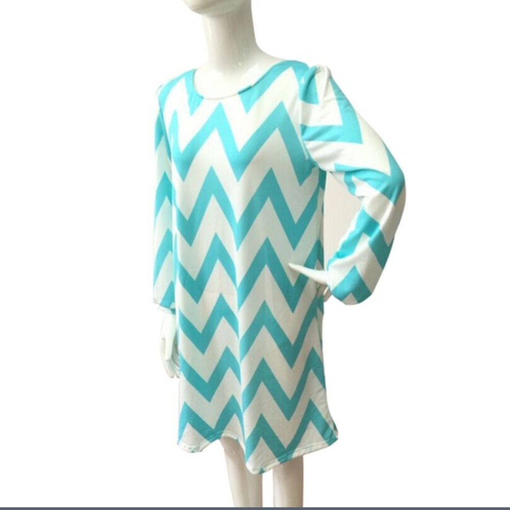 Casual Chevron Long Sleeve Mini Dress *Teal Color* - Picture 3 of 5