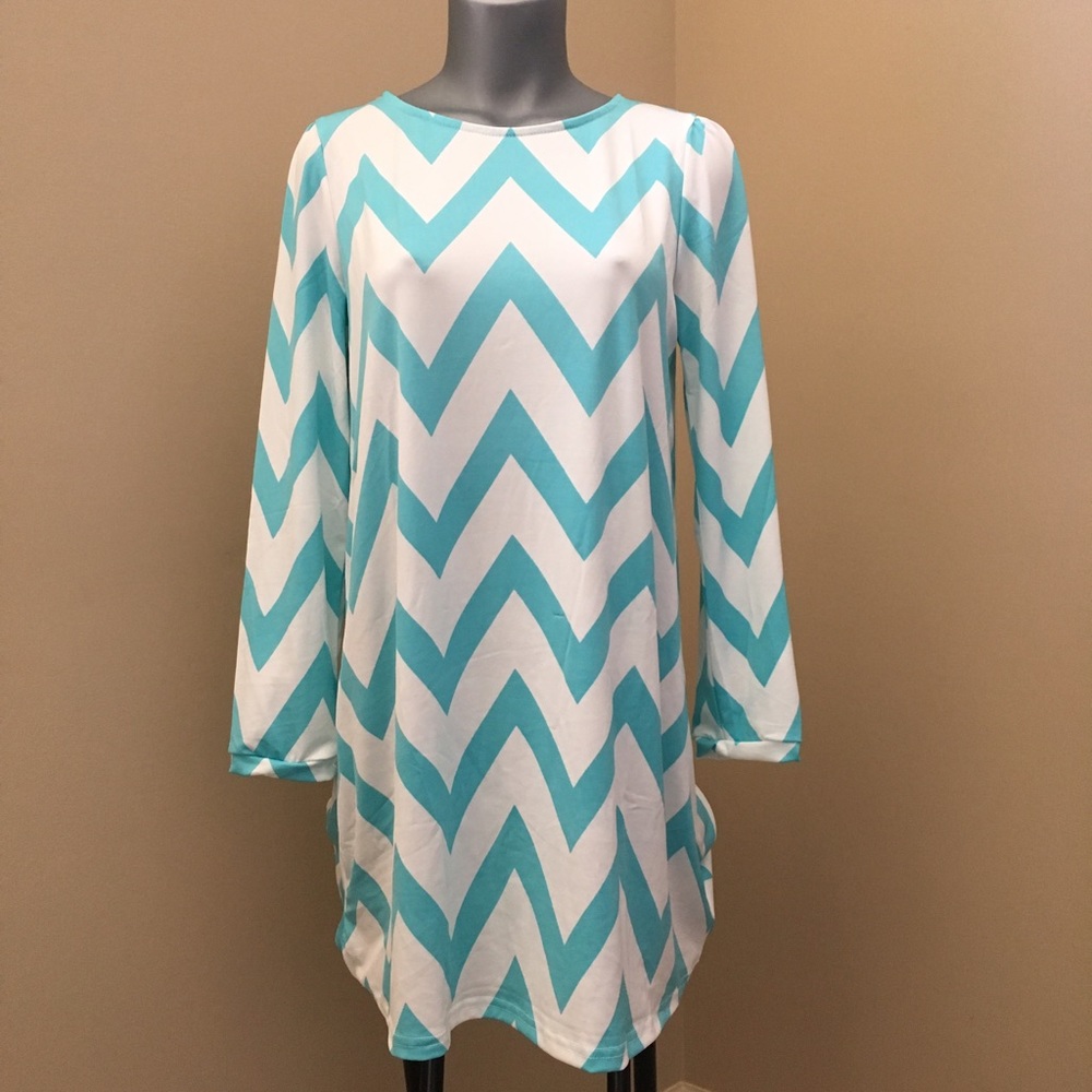 Casual Chevron Long Sleeve Mini Dress *Teal Color* - Picture 2 of 5