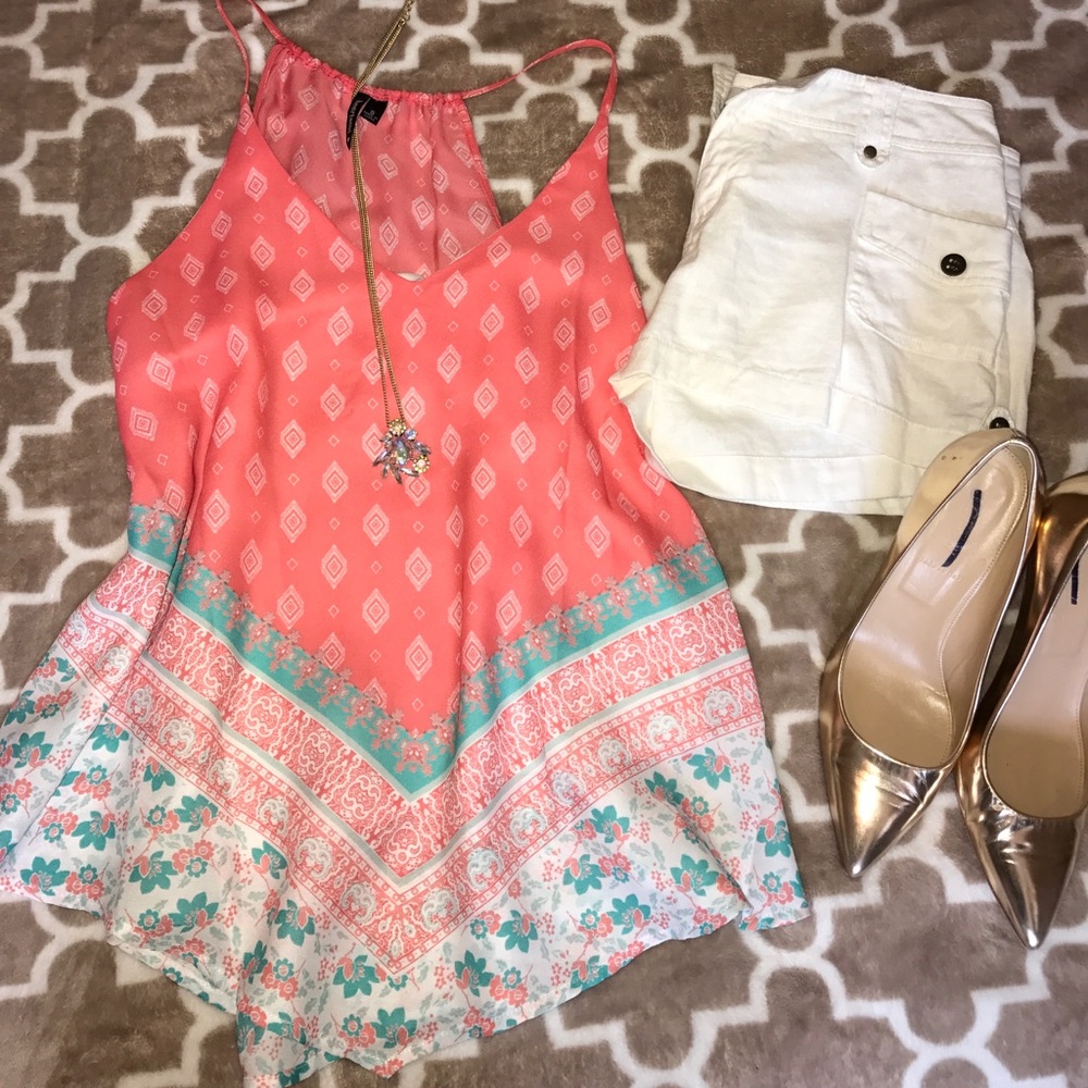 Coral and turquoise flowy tank