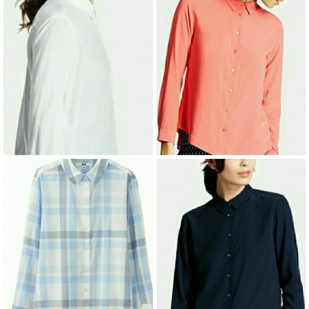 4 Uniqlo Blouses - White, Navy, Salmon Red, Plaid
