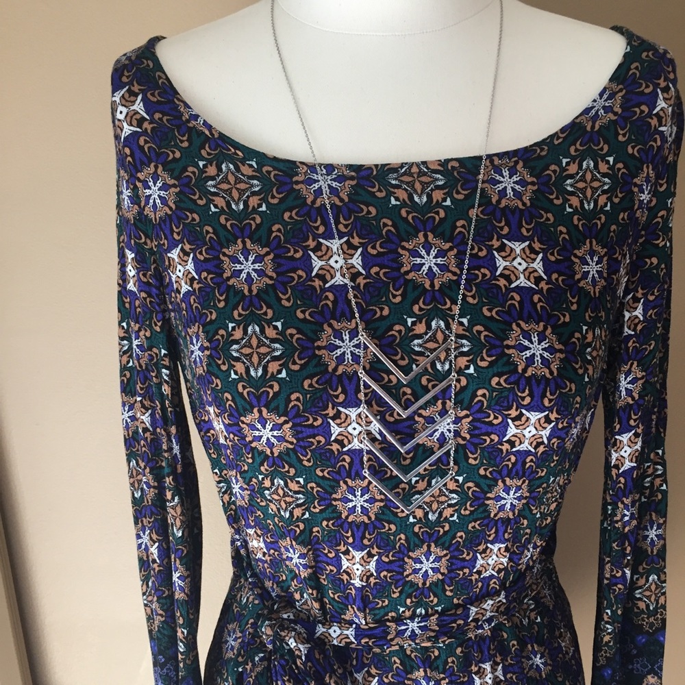 Pattern long-sleeve mini shift tie-waist dress-XS