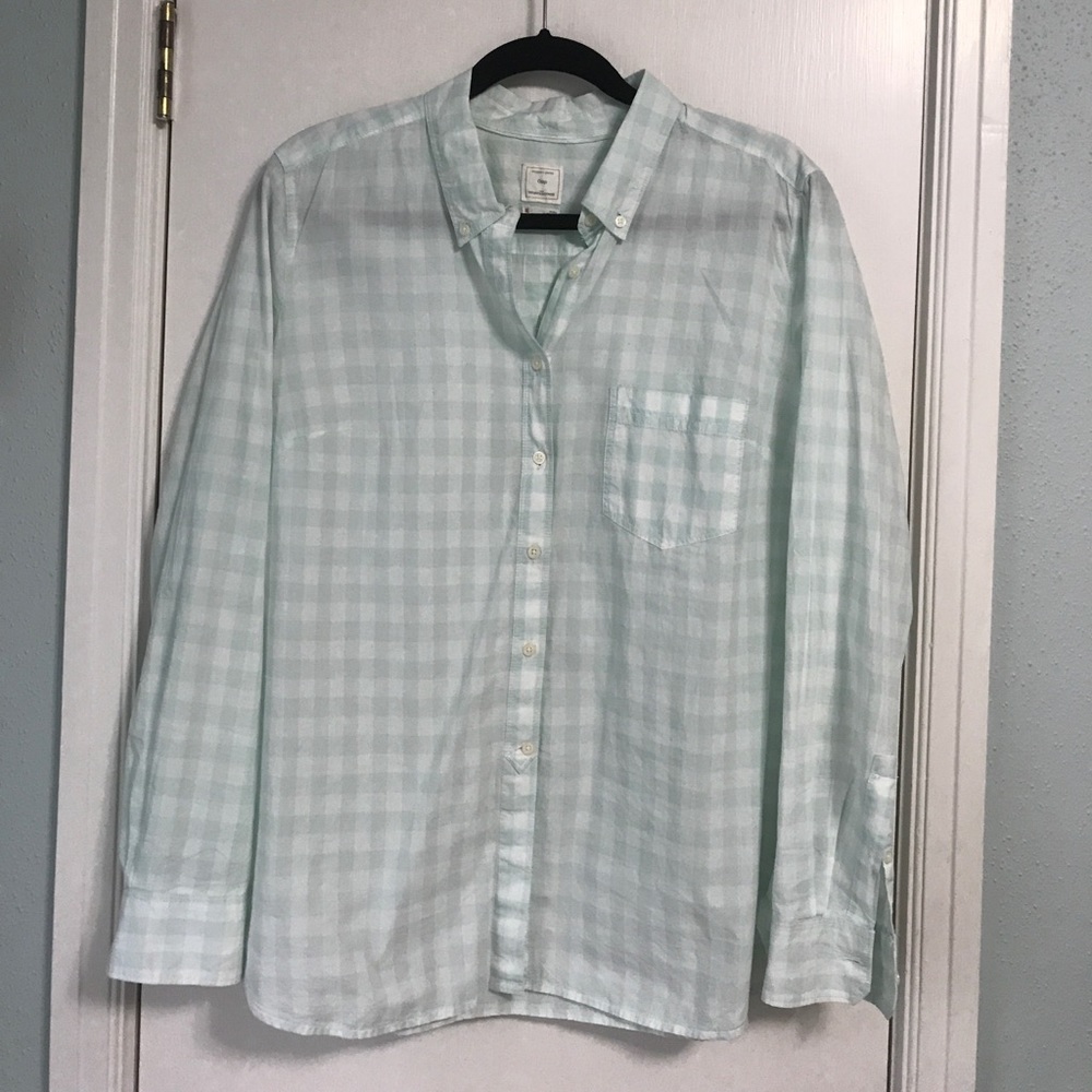 Check print, seafoam blue, button down.