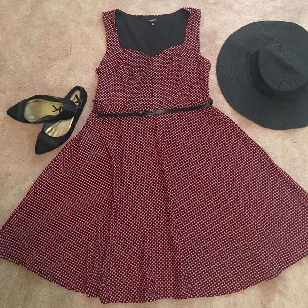 Coral Polka Dot Belted Swing Dress