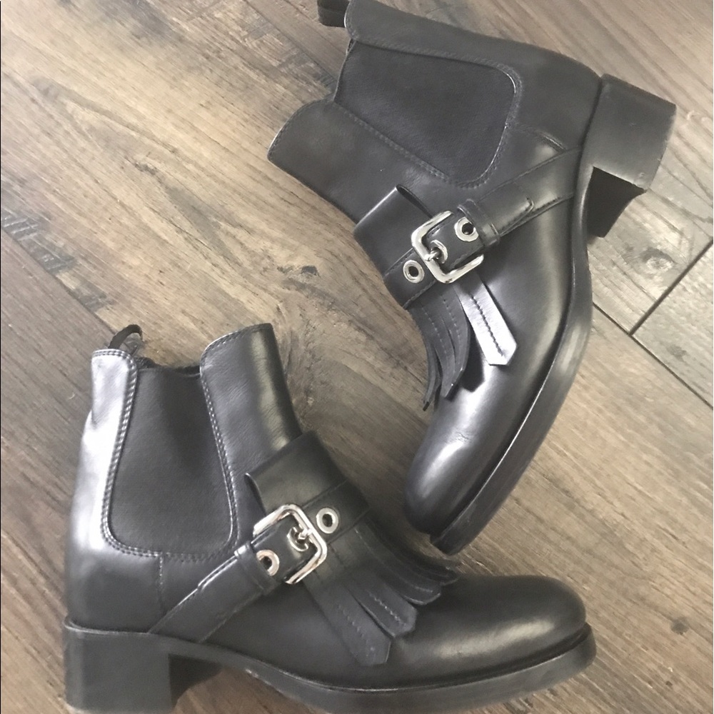 Prada Black Leather Fringe Buckle Boots Sz 37 - Picture 1 of 8
