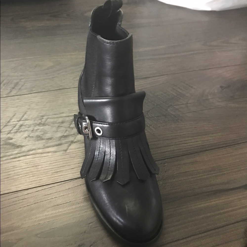 Prada Black Leather Fringe Buckle Boots Sz 37 - Picture 5 of 8