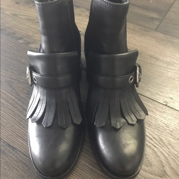 Prada Black Leather Fringe Buckle Boots Sz 37 - Picture 2 of 8