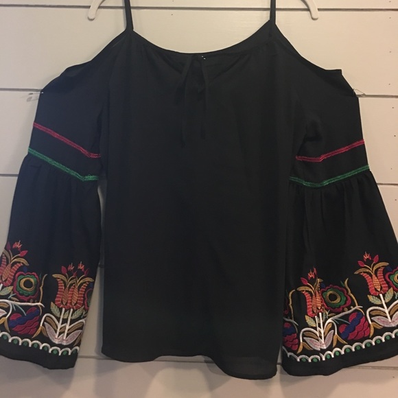 Tops - Embroidered off the shoulder black blouse
