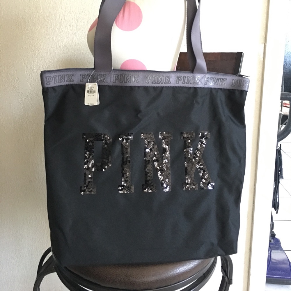 VS PINK Black Logo Sequenced Tote Bag