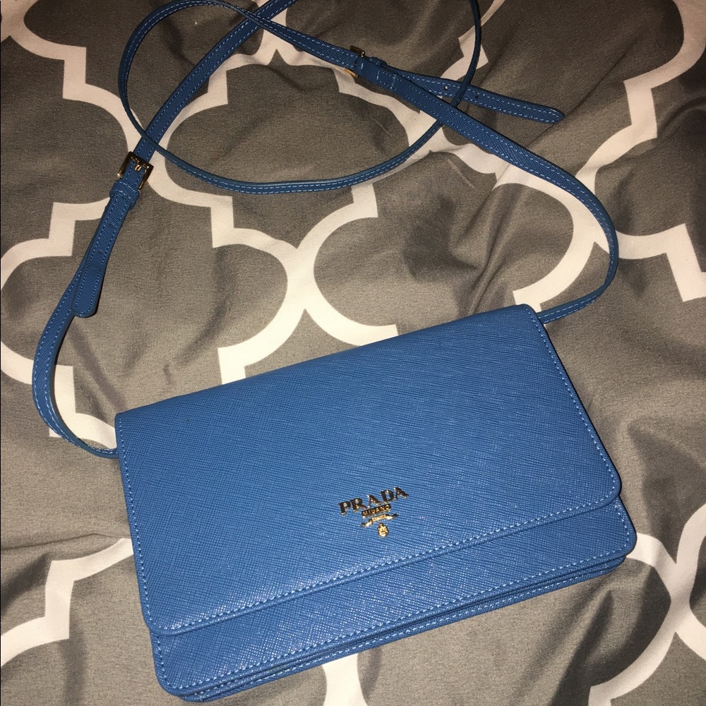 Prada Saffiano wallet crossbody: Blue + Gold