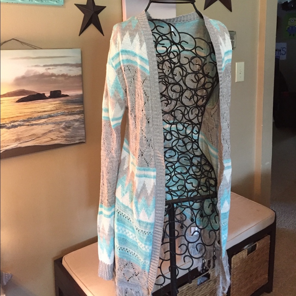 Long cardigan grey , white and light teal