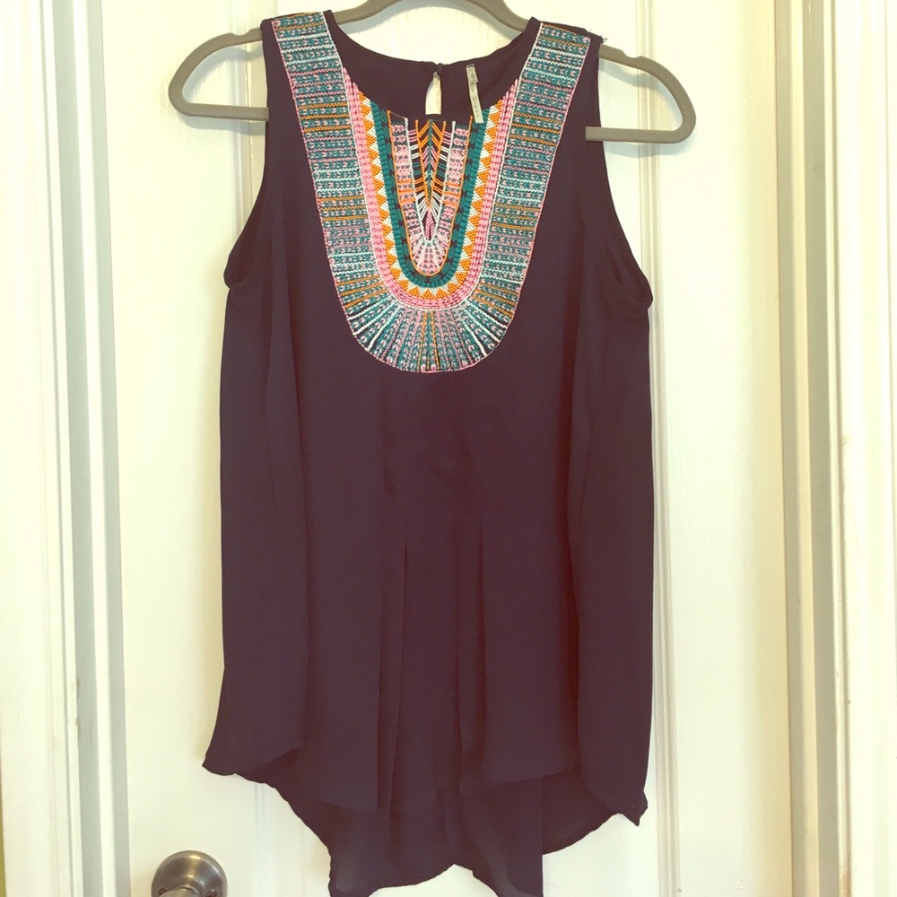 Navy Blue Sleevless Embroidered Tunic