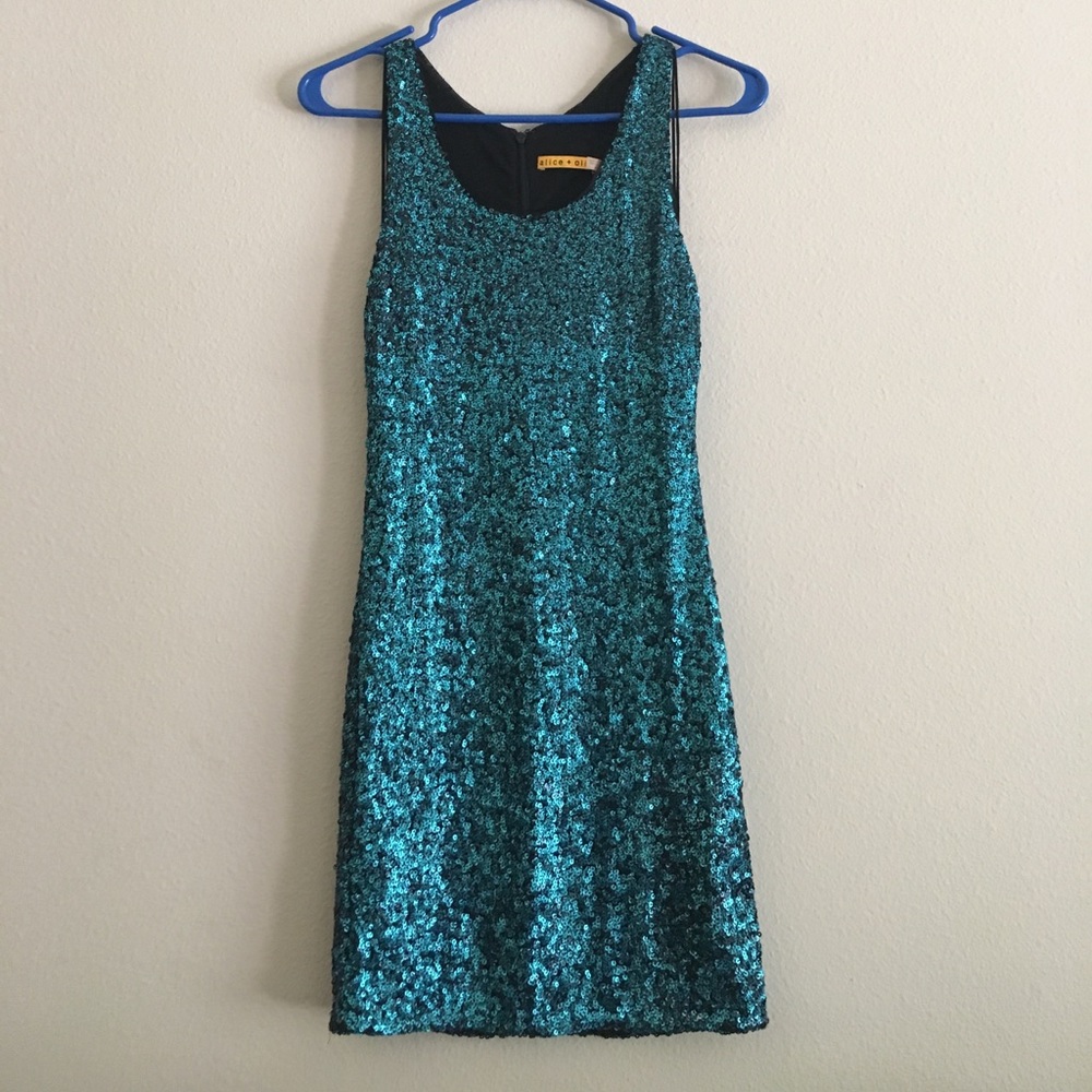 Sequin Alice + Olivia turquoise mini dress