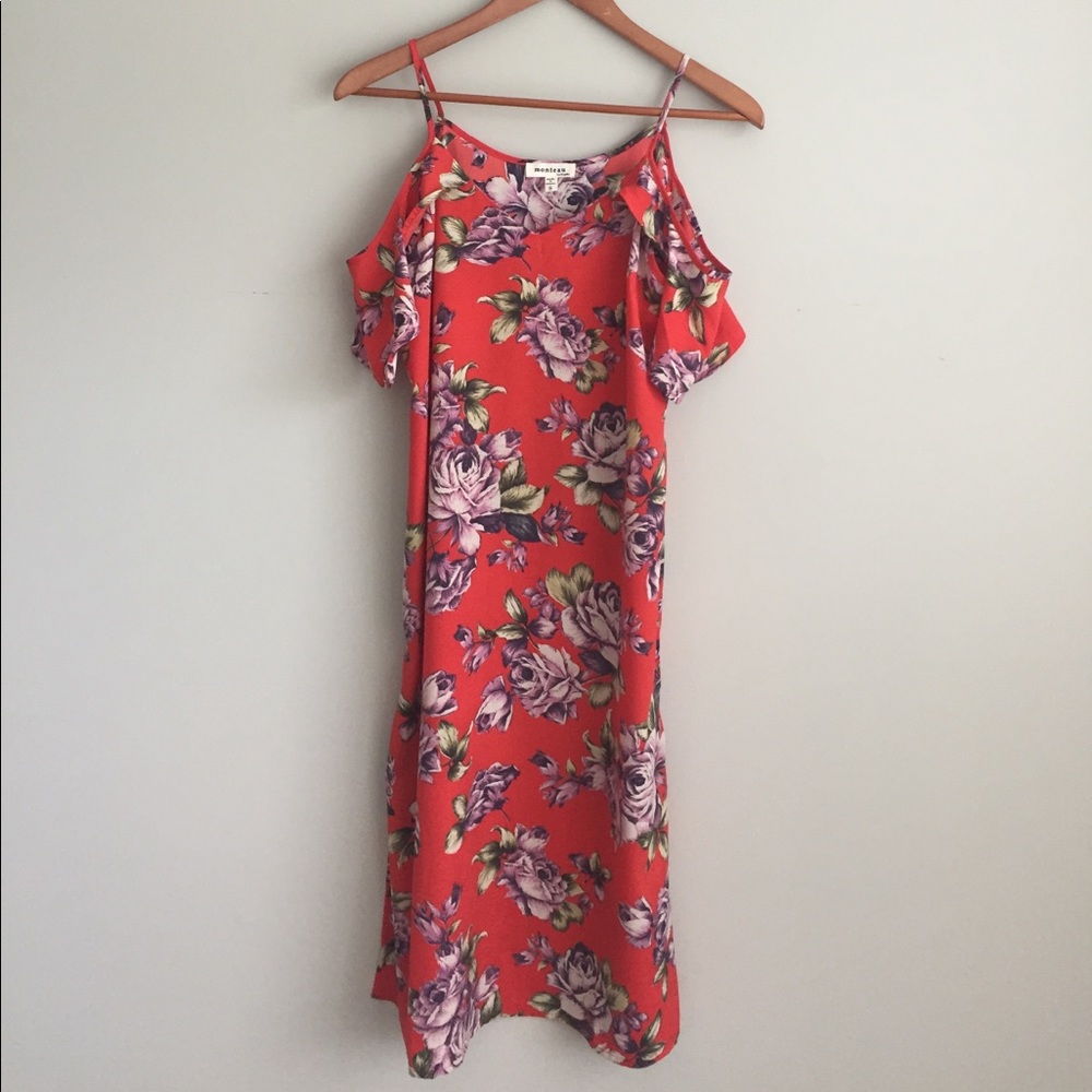 Red Floral Cold Shoulder Dress