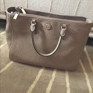 Tory Burch French Gray Woven Double Zip Tote