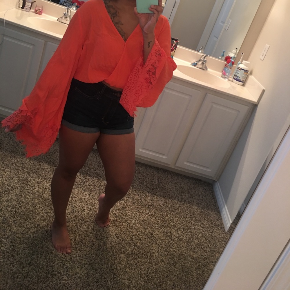 CQbyCQ Boho Coral Lace Bell Sleeve Blouse