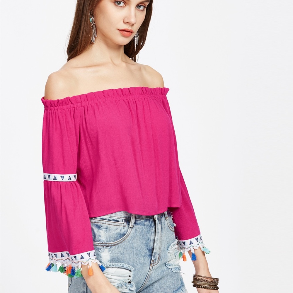 Bardot Embroidered Tape & Tassel Crop Top