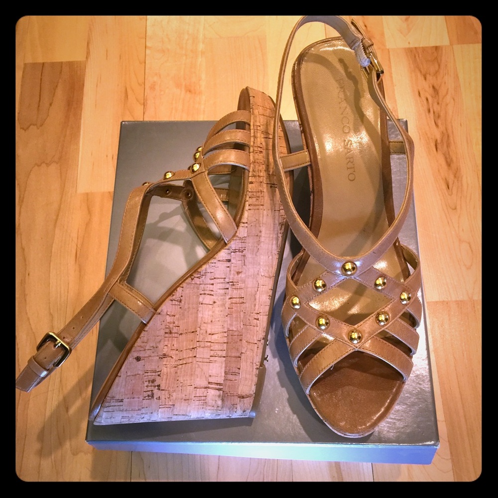 Franco Sarto Beige Cork Heeled Leather Sandals