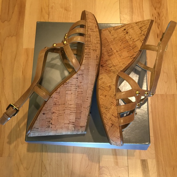 Franco Sarto Beige Cork Heeled Leather Sandals - Picture 3 of 4