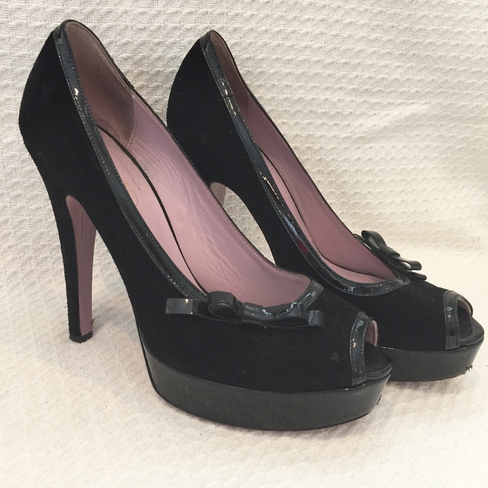 VALENTINO RED suede peep - toe pumps.