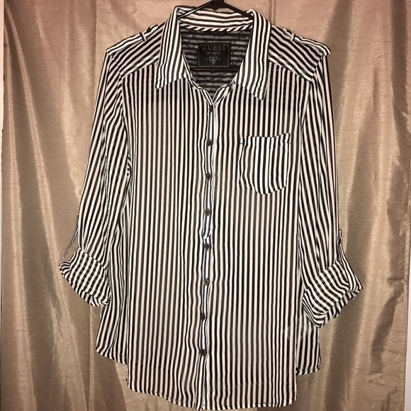 Guess Black & White Striped Button Down with Lace - Picture 1 of 4
