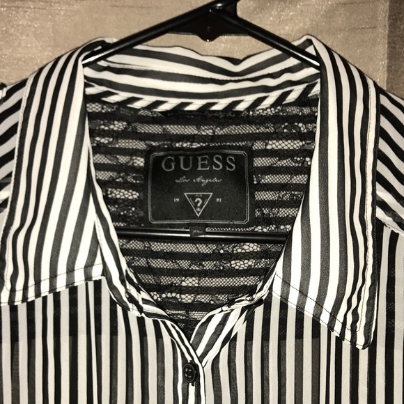 Guess Black & White Striped Button Down with Lace - Picture 3 of 4