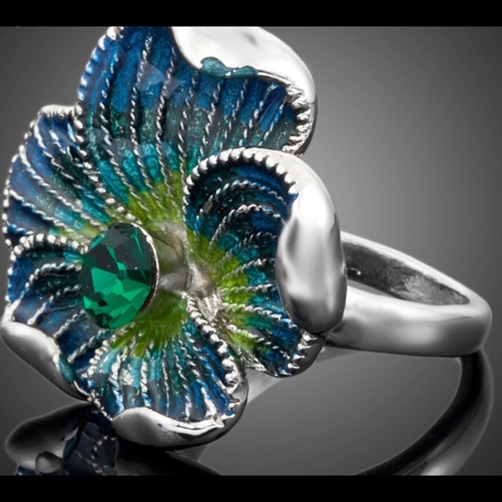 White Gold Plated Austrian Crystal  Flower Ring