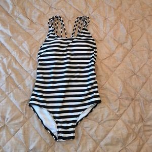 Black and white nautical stripe bathing suit.
