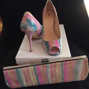 Multicolored peep-toe Heels w/ matching clutch