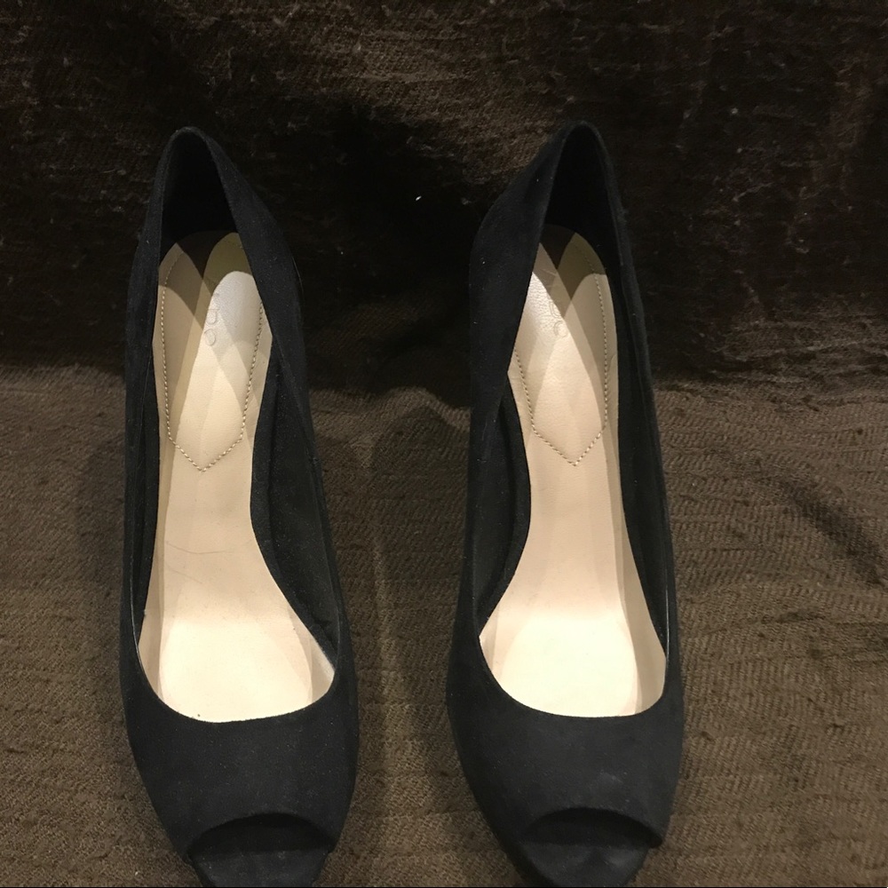 Peep toe black suede heels