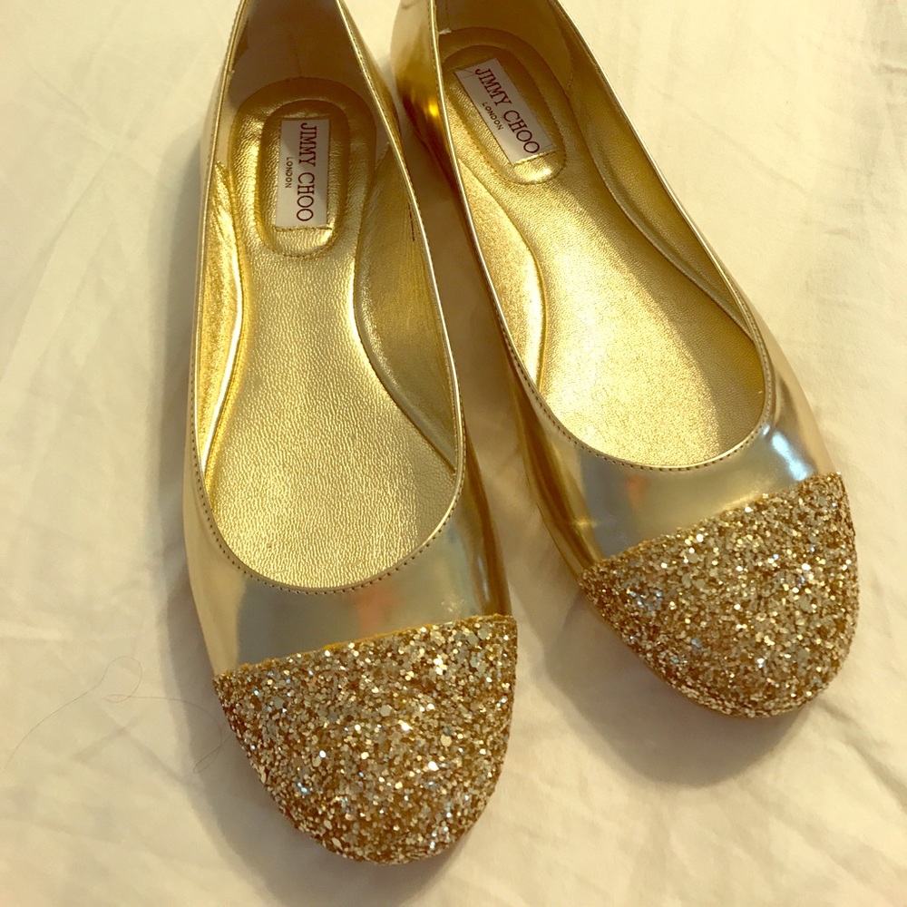 JIMMY CHOO - 9.5, never worn gold glitter flats