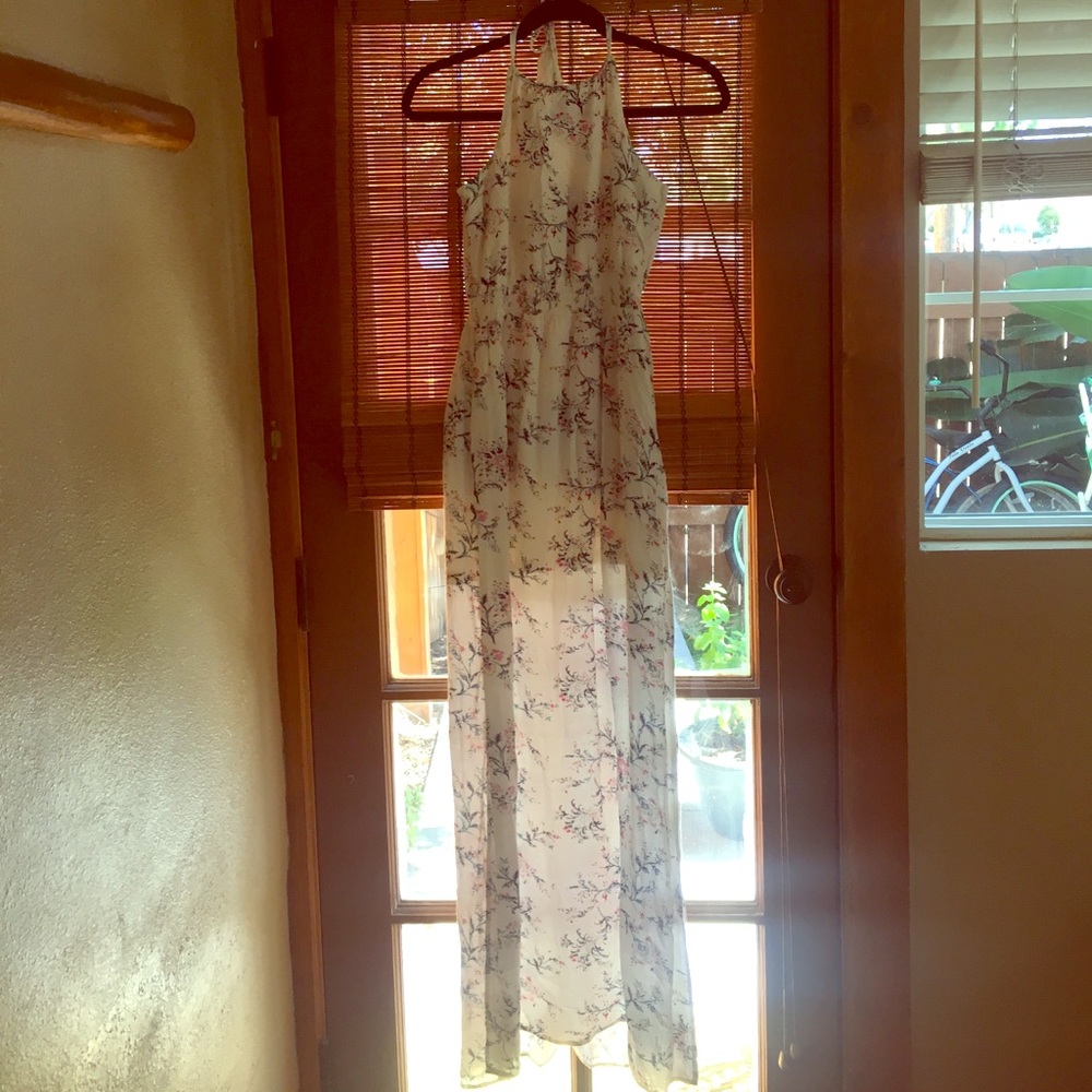 White Floral Maxi Halted Dress with Slits