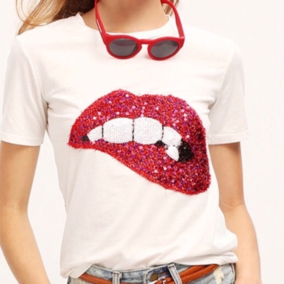 Boutique Tops - Sequin & Sparkle Lip T-Shirt. Price firm.