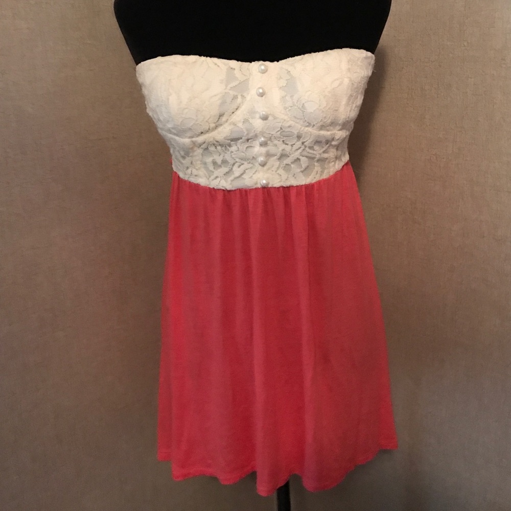 Strapless lace high low coral dress