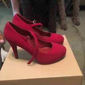 Only worn once, red, suede maryjane style heels